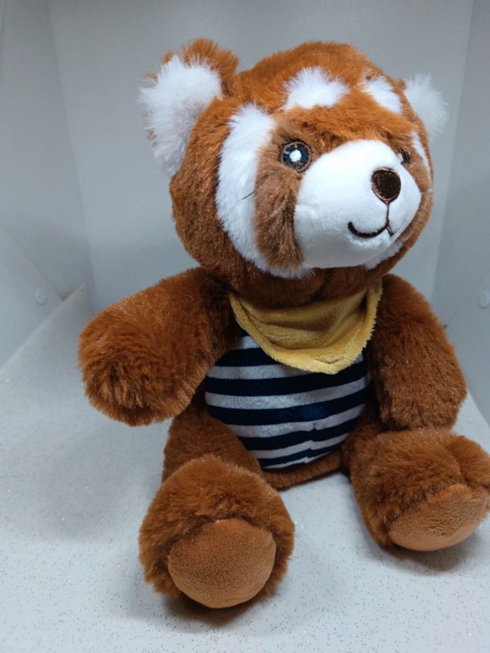 Peluche plush Teddy doudou raton laveur jours heureux France raccoon panda roux rayure bandana jaune - photo numéro 6