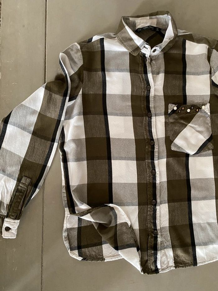 Chemise Zara blanche et kaki à gros carreaux manches longues taille S - photo numéro 15