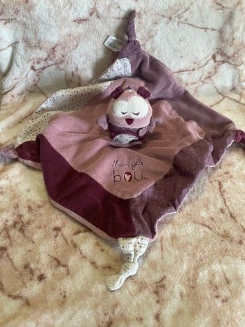 Doudou plat chouette hiboux violet rose mauve Mam'zelle bou Sauthon