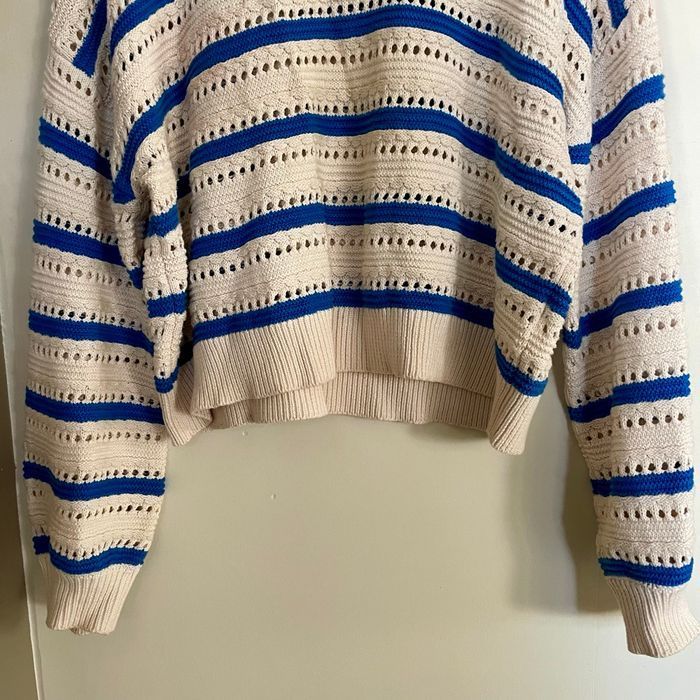 Pull ajouré coton rayé bleu blanc écru BZB taille L 100 % coton maille printemps été légère V060 - photo numéro 4