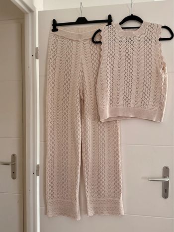 Ensemble maille tricot beige broderie pantalon top sans manches beige crème été coton M L
