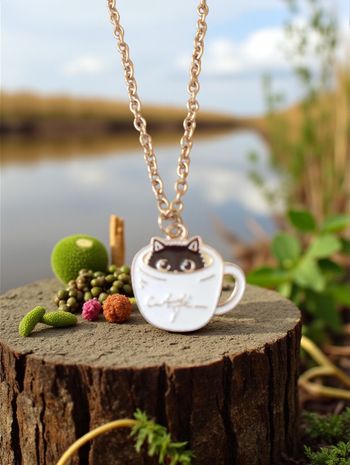 Collier Chat Noir – Tasse Blanche & Chaîne Dorée