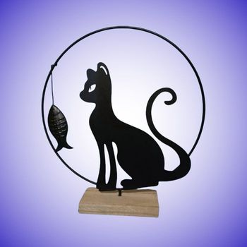 Objet Déco Chat Noir et Poisson Silhouette Métal Socle Bois Style Moderne Campagne Très Bon État