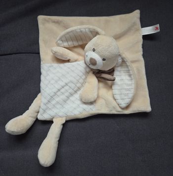 Doudou carré plat Lapin beige - blanc et rayé- Écharpe marron - Nicotoy
