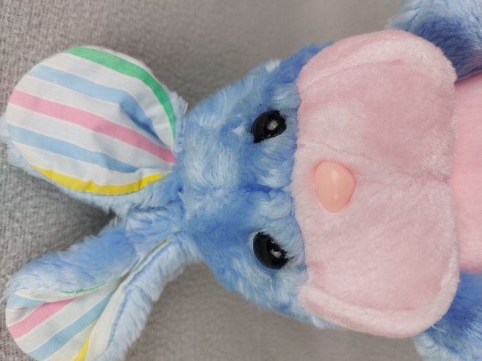 Peluche ancien doudou lapin BOULGOM bleu rose tissu rayé 26 cm vintage - photo numéro 6