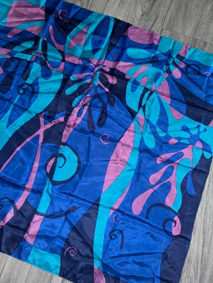 Foulard carré de soie bleu violet psychédélique Vintage 80x80cm - photo numéro 6