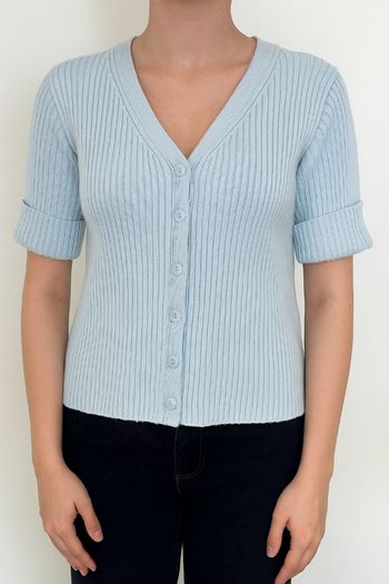 Gilet côtelé bleu pastel manches courtes Taille 38 ( M )