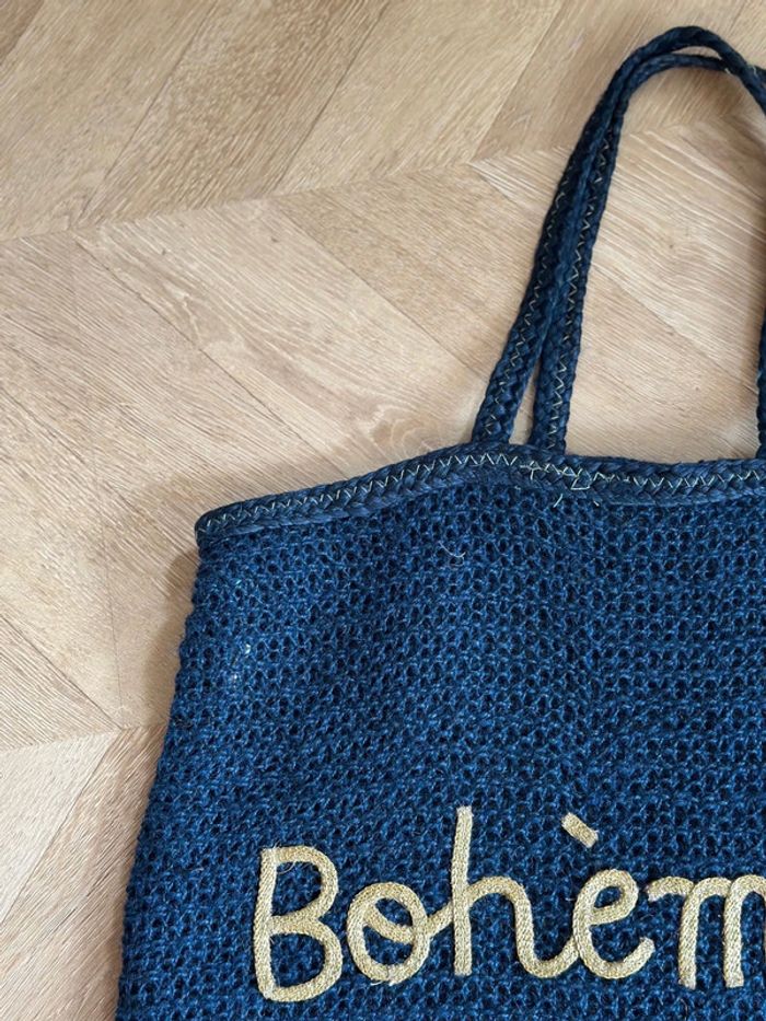 Cabas bleu marine en jute Bohème anses cuir format XL - photo numéro 3