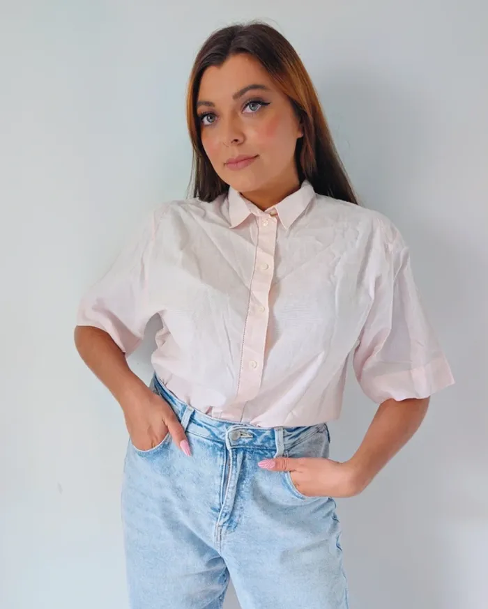 Chemise manches courtes coton rose pâle ample style vintage rétro Printemps Taille 38 - photo numéro 2