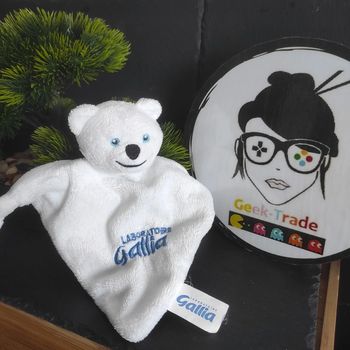 Ours laboratoire gallia doudou triangle blanc bleu noir yeux Publicitaire Noeud