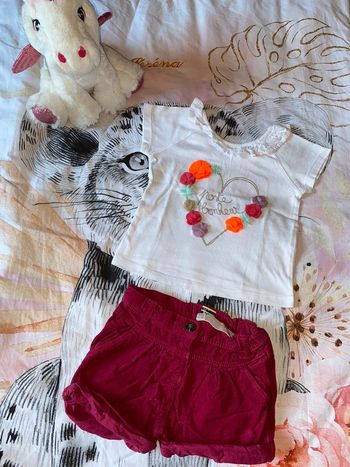 Ensemble t-shirt et short en velours, taille  9 mois, marque Vertbaudet et Tape à l’œil.