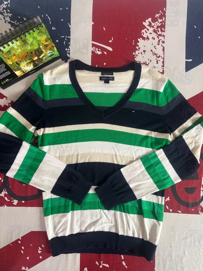 Sweat col V Tommy Hilfiger taille S/M blanc bleu marine vert - photo numéro 2