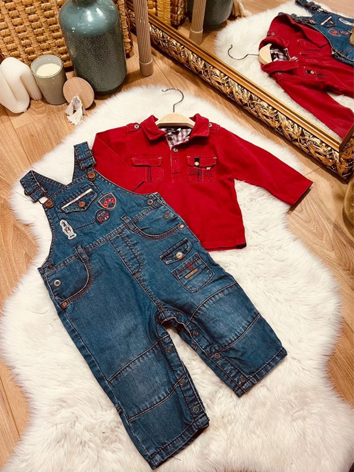 Taille 12 mois ensemble 2 pièces garçon Sergent-major bordeaux et jean * salopette * 💙