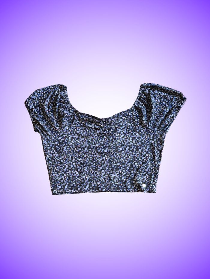 Crop Top Lulu Castagnette – Imprimé Fleuri / Liberty – Encolure Dégagée – Noir & Violet – Taille 42 XL – Très Bon État