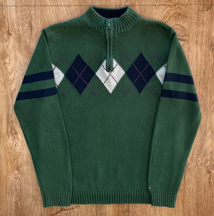 Pull quart ZIP/gilet/sweat vert foncé, bleu et blanc Tommy Hilfiger, garçon, taille : L (16/18) - photo numéro 2