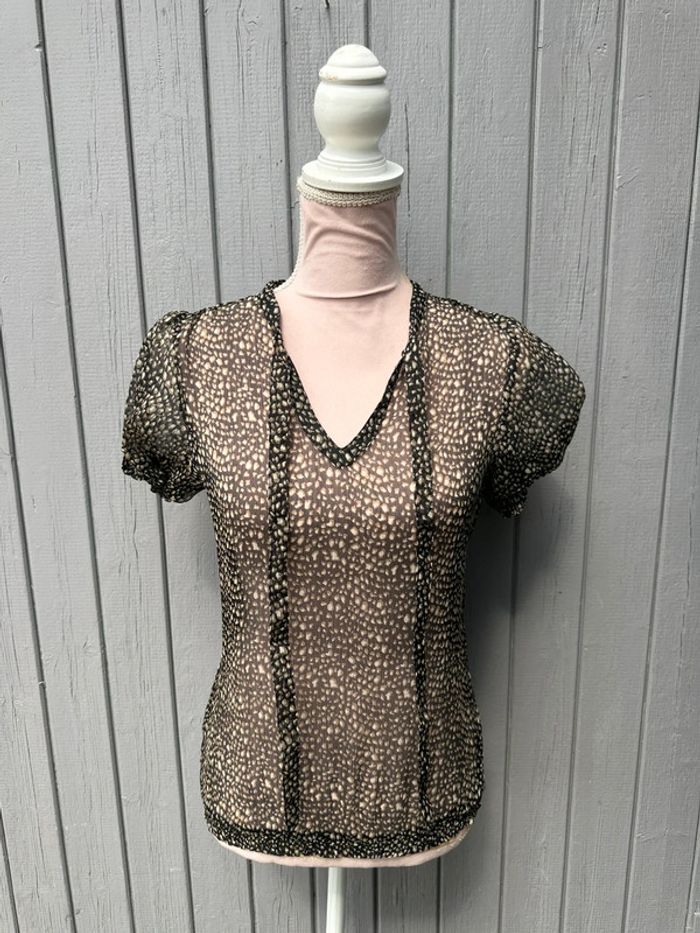 Haut manches courtes transparent décolleté léopard 36/S