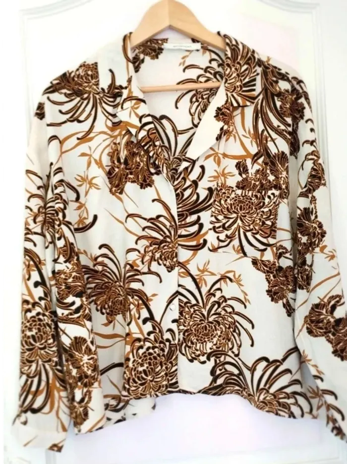 Chemisier fluide  fleuri  - écru  marron -  Promod 42 -  Comme Neuf - photo numéro 5