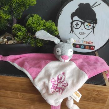 Doudou plat lapin gris rose blanc Roda rodadou bébé hochet Carré Noeud