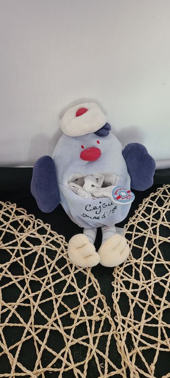 Doudou pingouin mouchoir bleu rouge blanc Sucre d'Orge