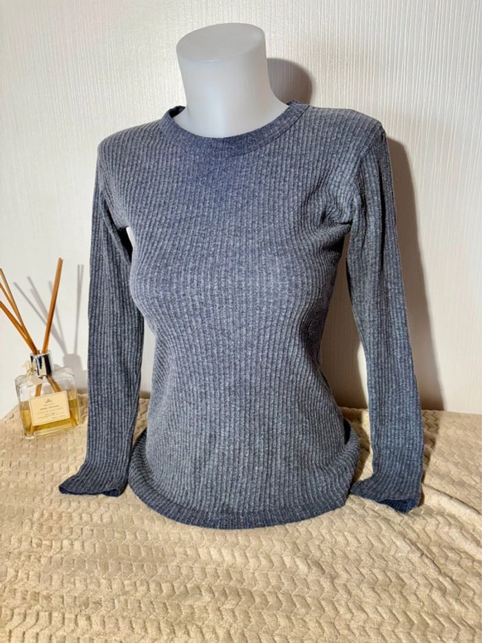 Pull gris côtelé manches longues - Après la Pluie Paris -femme taille S - photo numéro 2