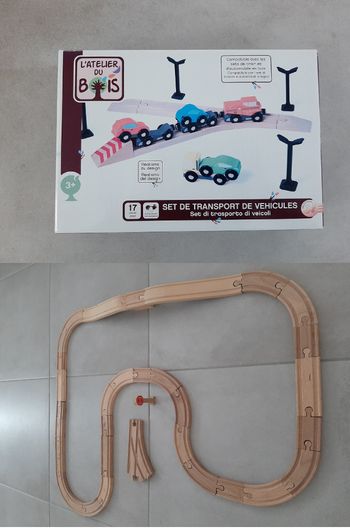 Circuit bois Transport véhicules "L'atelier du bois" + Rails - Neuf