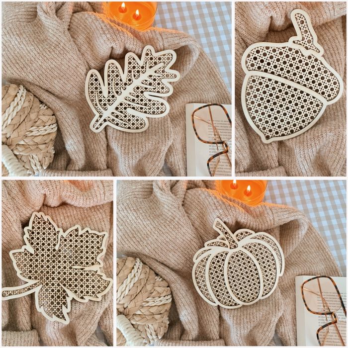 Décoration d’automne en bois motif rotin citrouille gland feuille