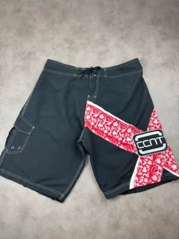 Short de Bain Vintage Noir et Rouge Logo Brodé Taille XL
