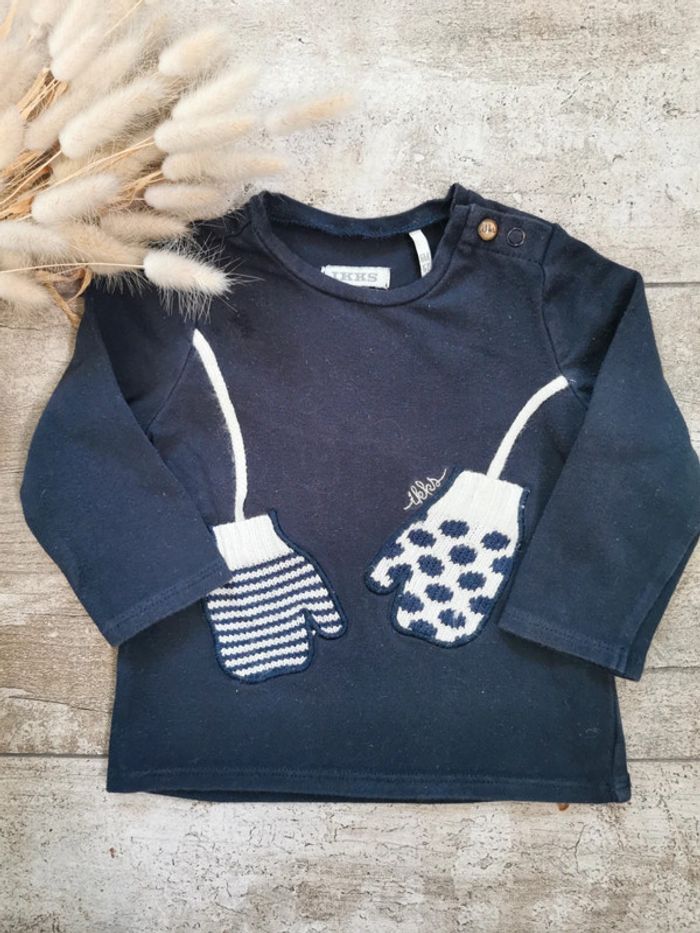 🌺IKKS 6mois Très joli teeshirt manches longues bleu marine et blanc pois rayure blanc moufles fille