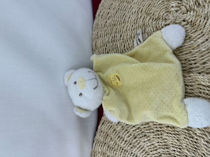 DOUDOU PLAT GRAIN DE BLE OURS JAUNE BLANC POIS
