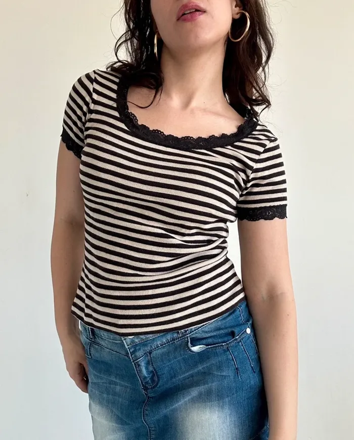 Haut manches courtes vintage beige et marron Caroll taille S - photo numéro 5