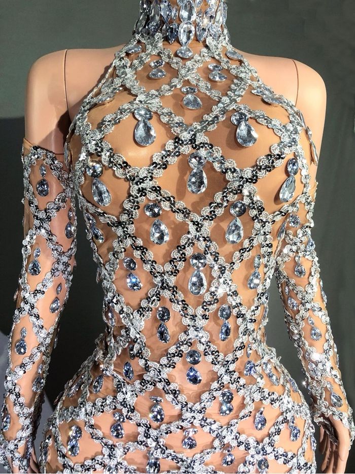 Robe à carreaux sexy en maille transparente sans manches à col haut strass brillant - photo numéro 2