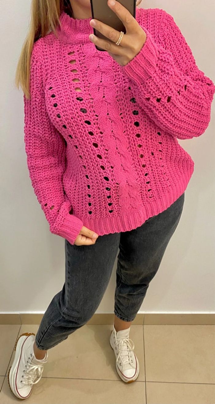 Superbe Pull Ample Rose Maille Chenille Ajourée Taille S Et Plus - photo numéro 5