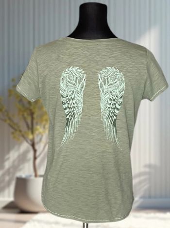 T-shirt kaki col V – ailes en sequins – Bérénice – Taille S
