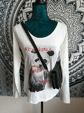 Tee-shirt blanc à manches longues imprimé homme tatoo et tête panda / teddy Smith / (18ans)