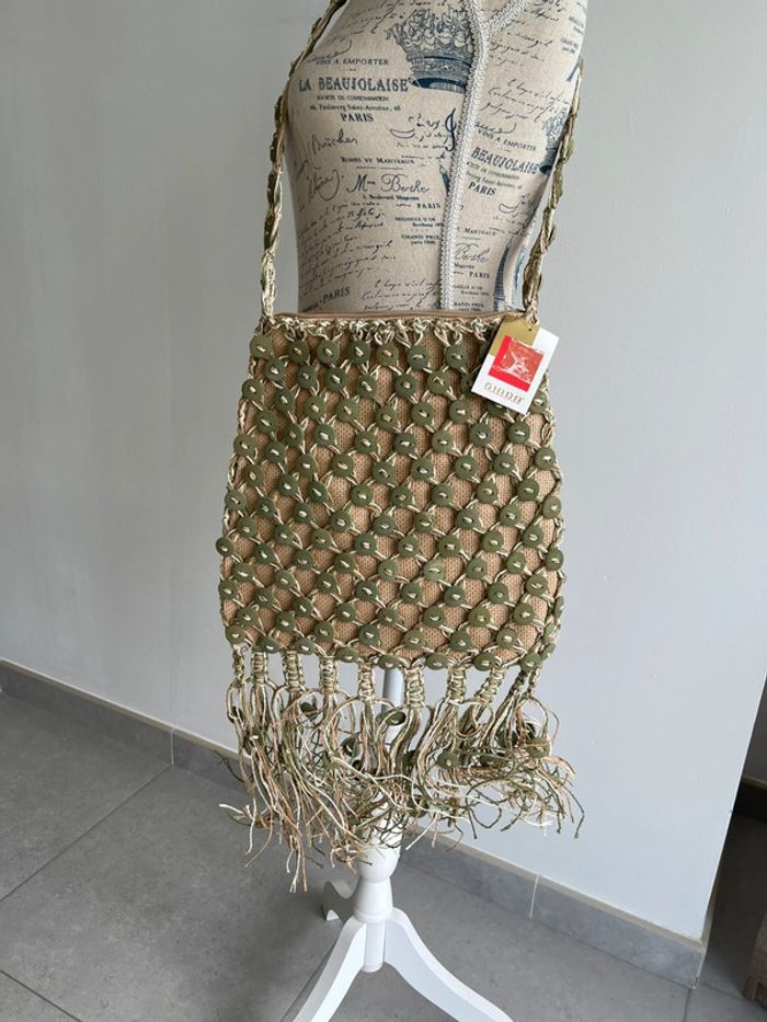 Moyen sac raphia (29x29cm) beige et vert - photo numéro 2