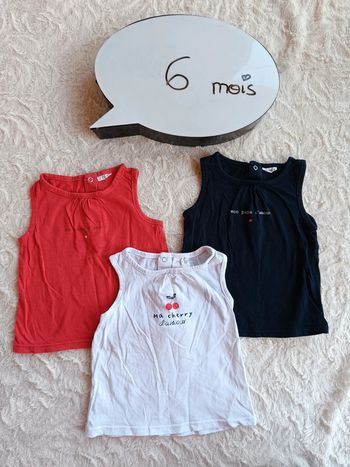 Lot de 3 débardeurs tee shirt chemise sans manche Fille 6 mois Maman Papa Cherry Kiabi 100% coton
