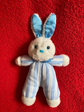 Vintage Pampers peluche doudou lapin blanc bleu rayé tissu satiné 
