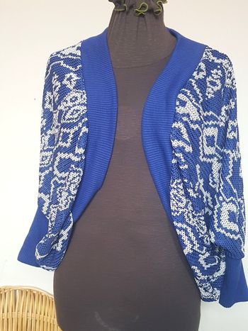 Gilet femme ajouré bleu et blanc. Manches chauve souris. K Woman. Taille L (42).