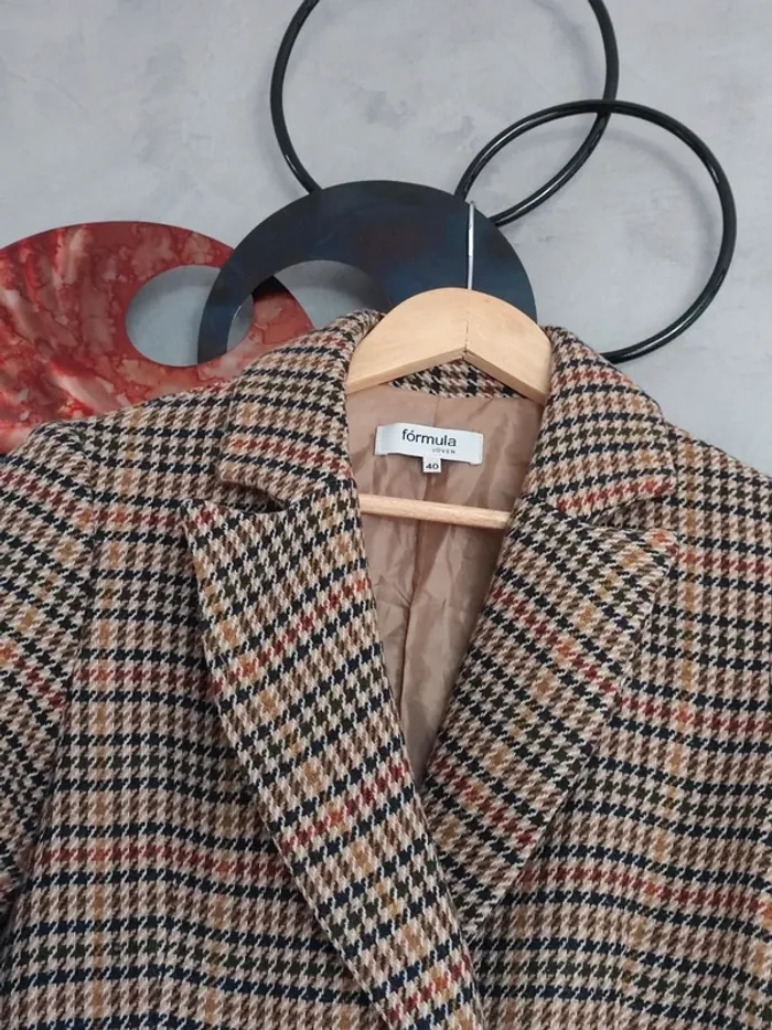 Manteau mi-long tartan beige marron Formula Joven - photo numéro 4