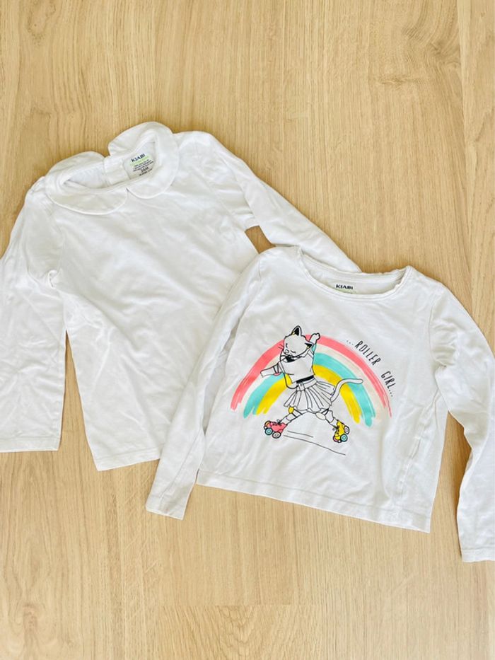 Lot de 2 t shirts manches longues blanc à col et imprimé fille taille 3 ans