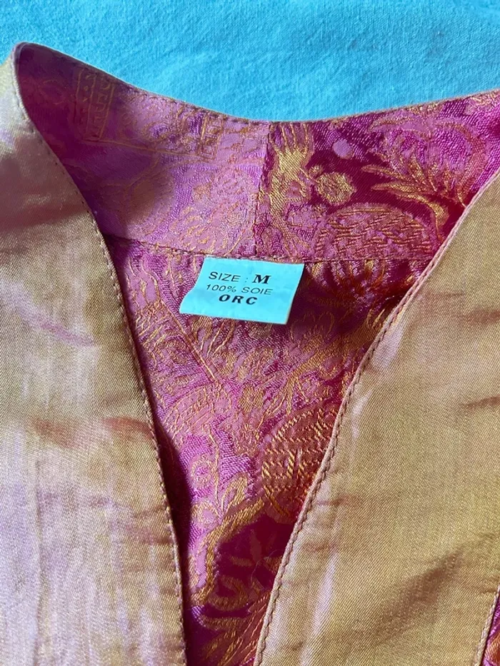 top vintage sans manches 100% soie – style asiatique – or/rose - photo numéro 5