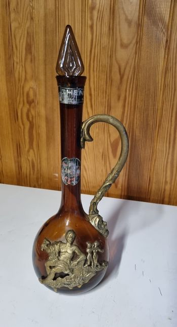 ancienne bouteille moscatel carafe bonastre en verre et etain 1912