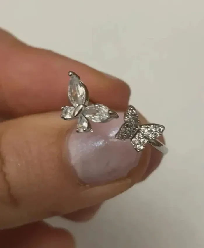 Bague réglable, 2 papillons, couleur argentée - photo numéro 5