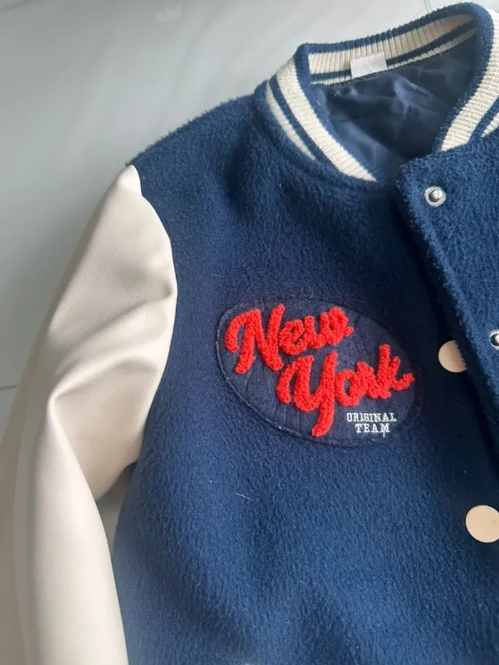 Veste aviateur bleu marine manches simili cuir beige - photo numéro 4