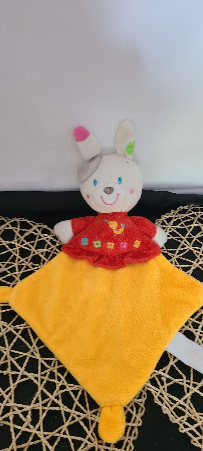 Doudou lapin plat orange rouge brodé motif oiseau NICOTOY - photo numéro 2