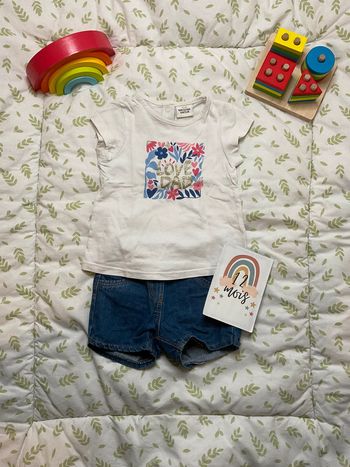 ensemble teeshirt manches courtes tape à l'oeil et short en jean bleu kiabi 12 mois