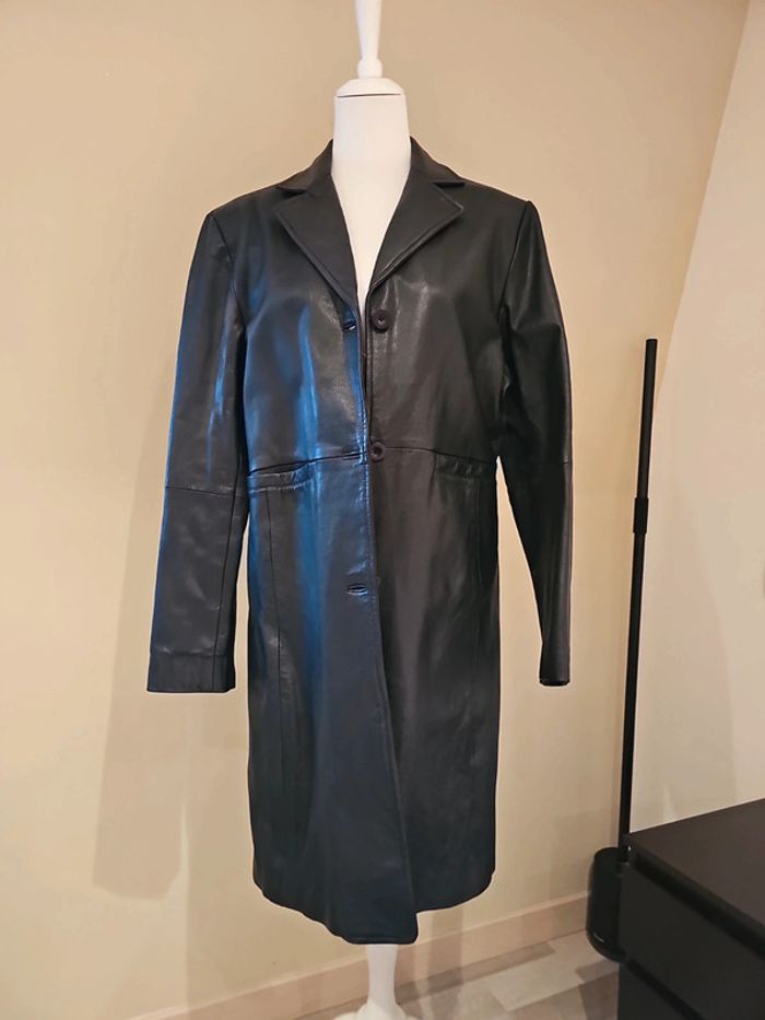 Veste longue en cuir véritable noire neuve 40 L femme