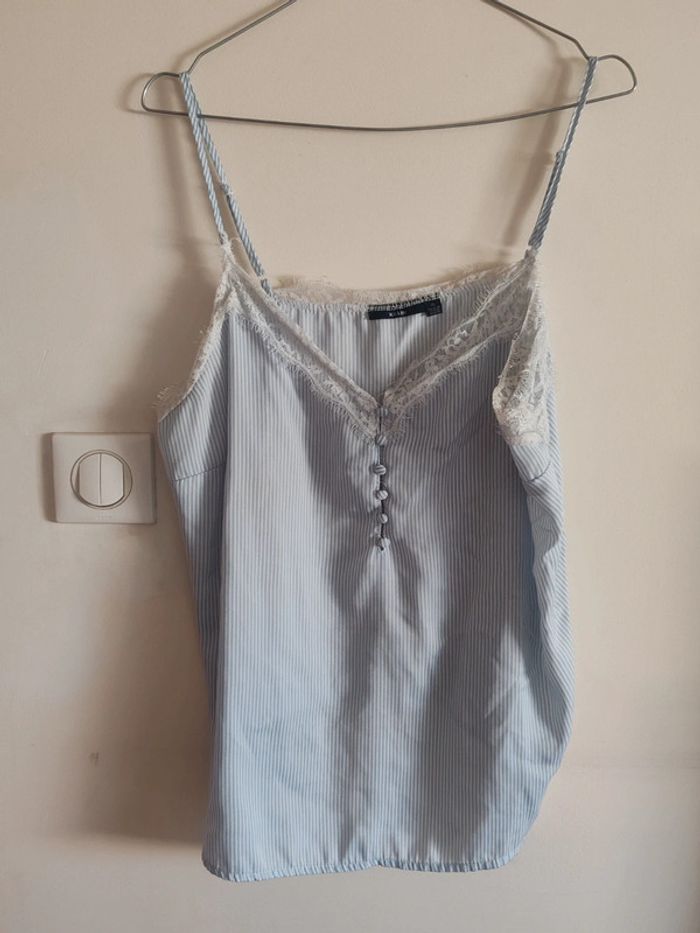 Caraco débardeur Kiabi rayé bleu ciel et blanc dentelle - T. XL