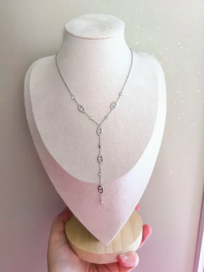 Pendentif argenté en Y maille marine et zircons - photo numéro 2