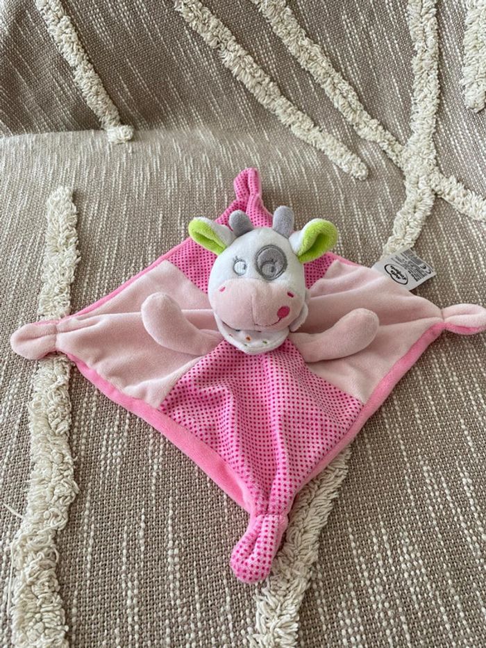 Peluche doudou plat 22cm mots d’enfants vache rose blanc gris et vert à pois parfait état